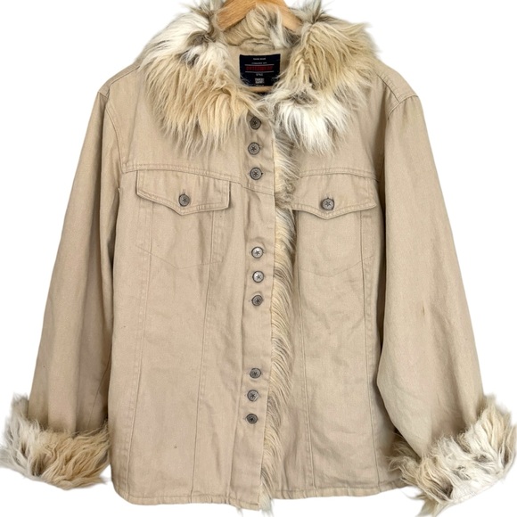 Y2K Faded Glory Tan Trucker Jacket Fur Trim Quilted Liner Size 1X - Picture 1 of 12